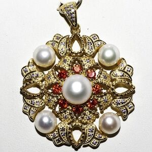 $600 .925 Sterling Silver .70CT Natural Gemstones & Pearl Cluster Dangle Pendant